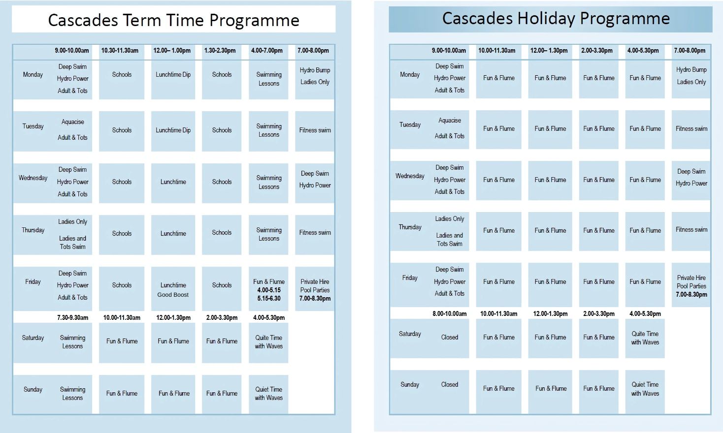 Cascades Pool timetable